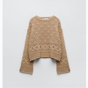 Crochet Knit Sweater Taupe Brown Zara